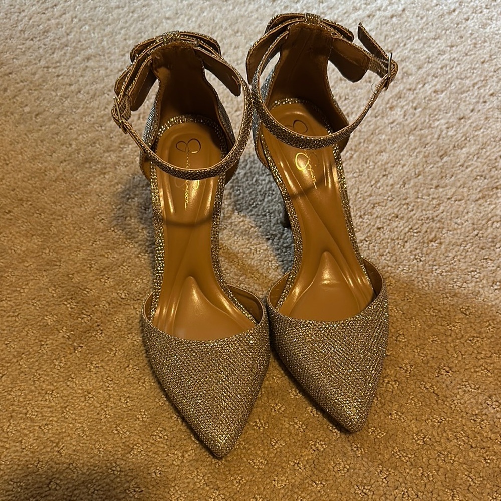 Jessica Simpson Gold Stiletto Heels with Ankle Straps